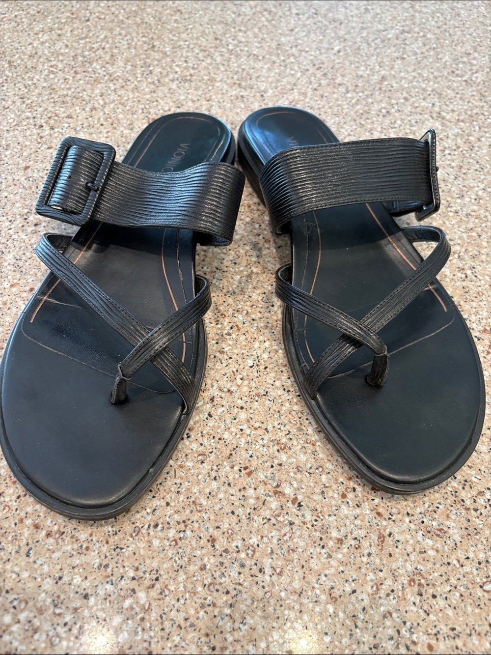 Vionic Black Strappy Slide Sandals with Adjustable Buckle